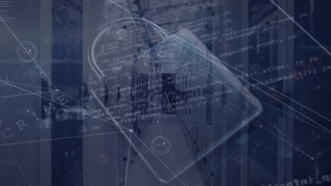 animation of security padlock icon, network of connections and data processing against server room