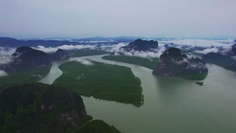 Patches-of-Low-Clouds-Over-Phang-Nga-Bay-with-Scenic-Views-of-Mangroves-and-Limestone-Rocky-Mountains,-Thailand