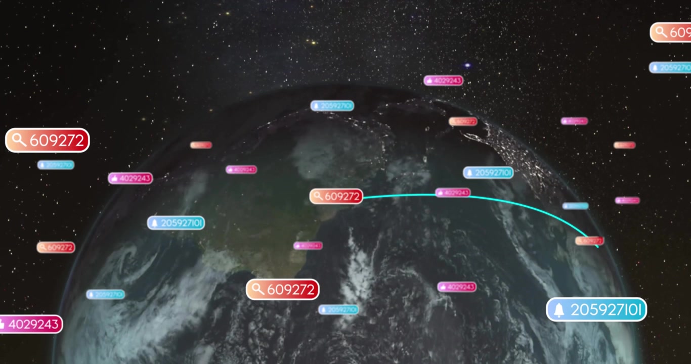 Un globo 3D rotante mostra curve ciano che si estendono attraverso l'emisfero, collegando tag che indicano flussi di dati.