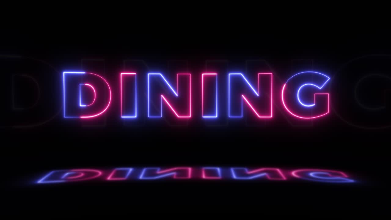 neón brillante palabra "comida" en un fondo negro con reflejos en un piso. signos de brillo de neón en gráfico de movimiento de bucle sin costuras