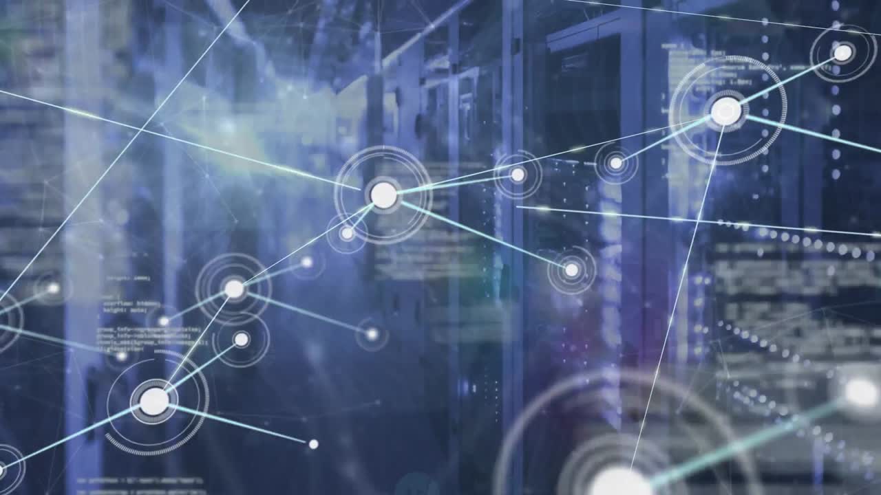 Animation of connected icons and dots with programming language over server room