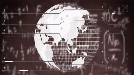 animation of rotating globe with data points over chalkboard equations in school