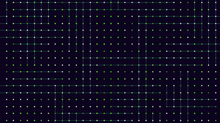 An intricate visual featuring a grid of white dots on a black background with some dots linked by black lines, creating a striking and geometric design