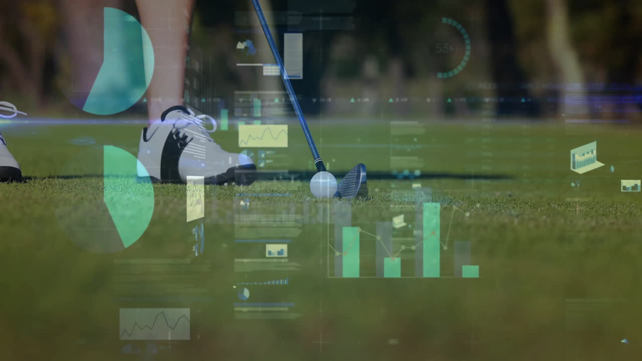 Golf ball analytics floating over green grass in animated illustration, displaying club head HUD