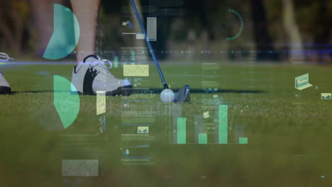 golf ball analytics floating over green grass in animated illustration, displaying club head hud