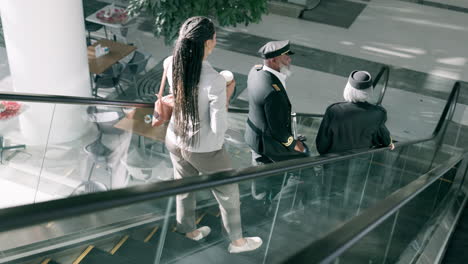 Escalator,-morning-and-business-people-in-airport