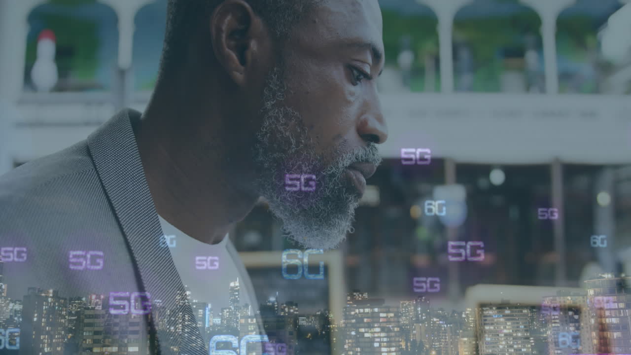 Animation of 6g text and cityscape over african american businessman eating