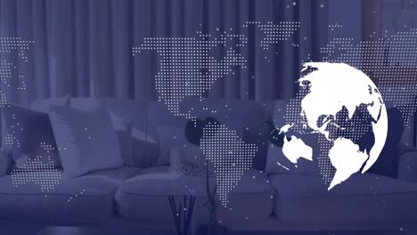 Animation-Von-Globus,-Weltkarte-Und-Datenverarbeitung-über-Dem-Wohnzimmer