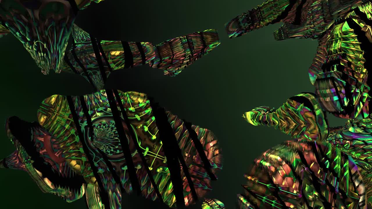 An expansive emerald and gold fractal realm unfolds with swirling cosmic structures, intricate geometric patterns, and glowing organic forms that create a vivid sense of infinite depth and motion