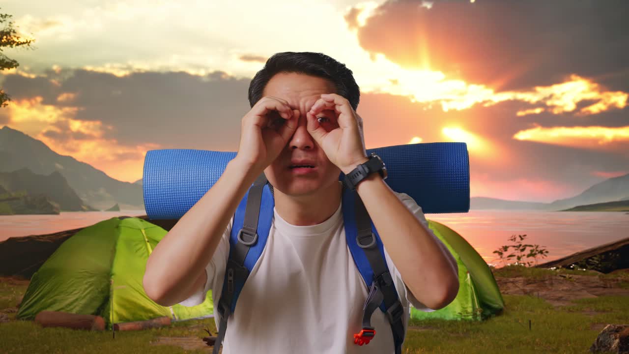 Excited Man Camping at Sunset
