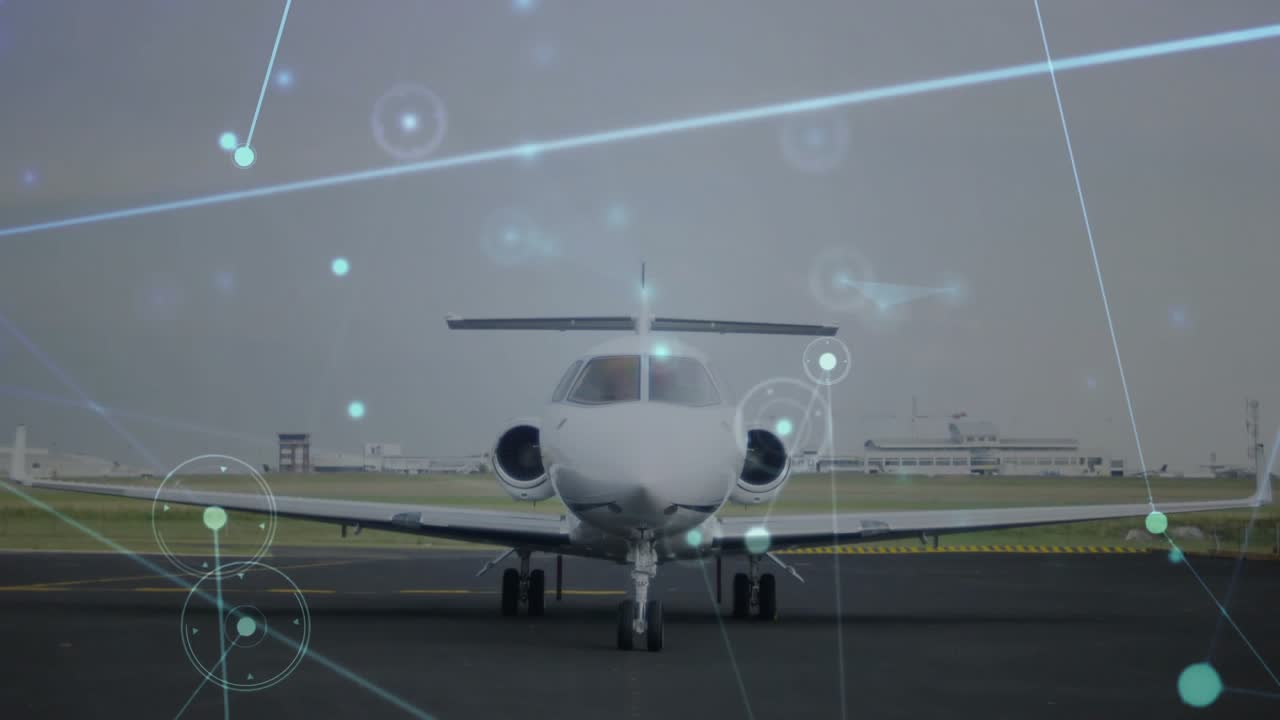 Small business jet after taxi clearance, taxiing toward runway while digital overlay sweeping frame