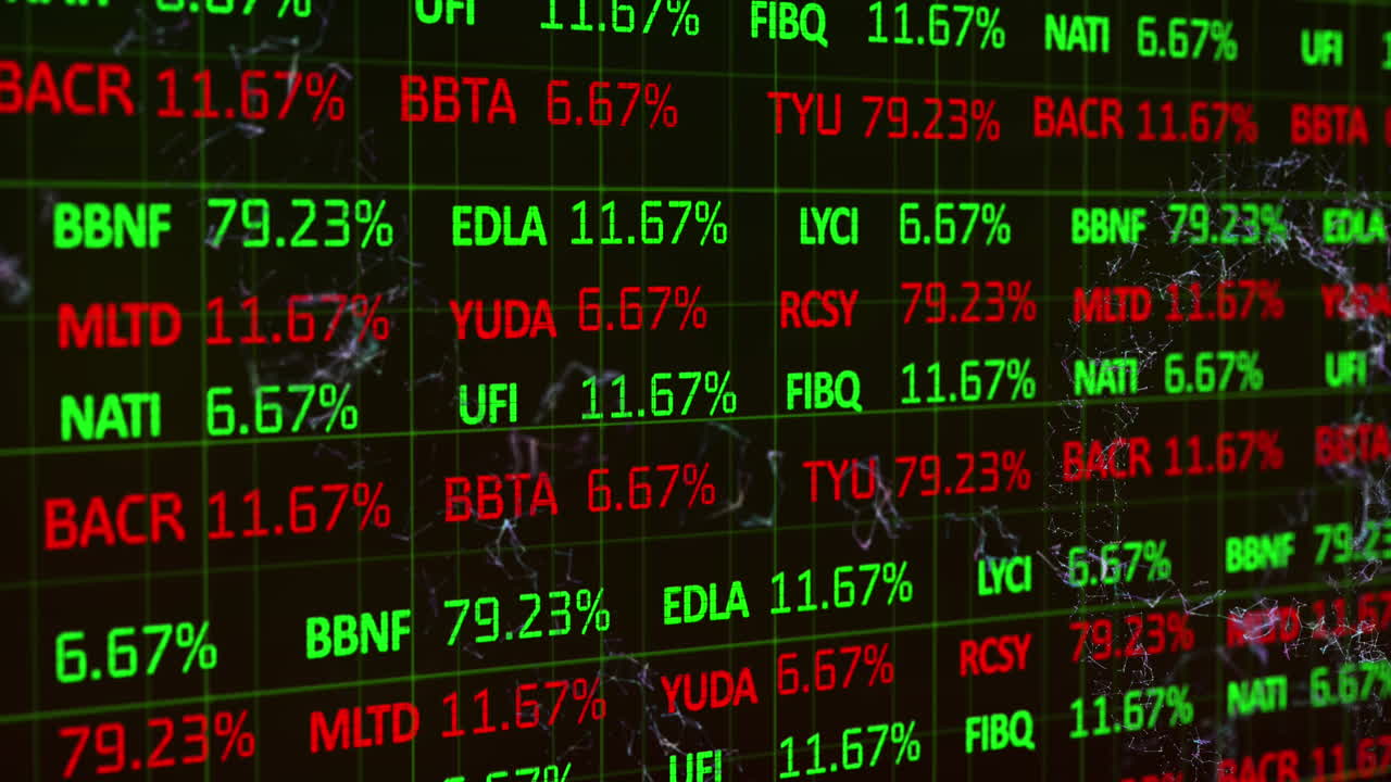 Animazione di elaborazione dati e mercato azionario su forme in movimento su sfondo nero
