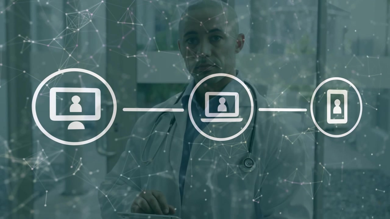 Animation of network of connections with icons over male doctor in hospital