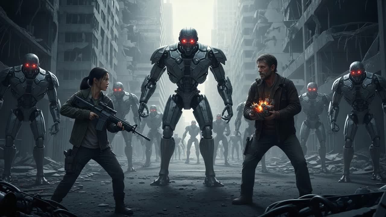 A tense standoff unfolds in a futuristic dystopian city as two heroes prepare for a showdown against an army of menacing robots, revealing their courage and strategy in a battle for survival.