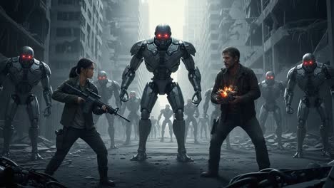 a tense standoff unfolds in a futuristic dystopian city as two heroes prepare for a showdown against an army of menacing robots, revealing their courage and strategy in a battle for survival.