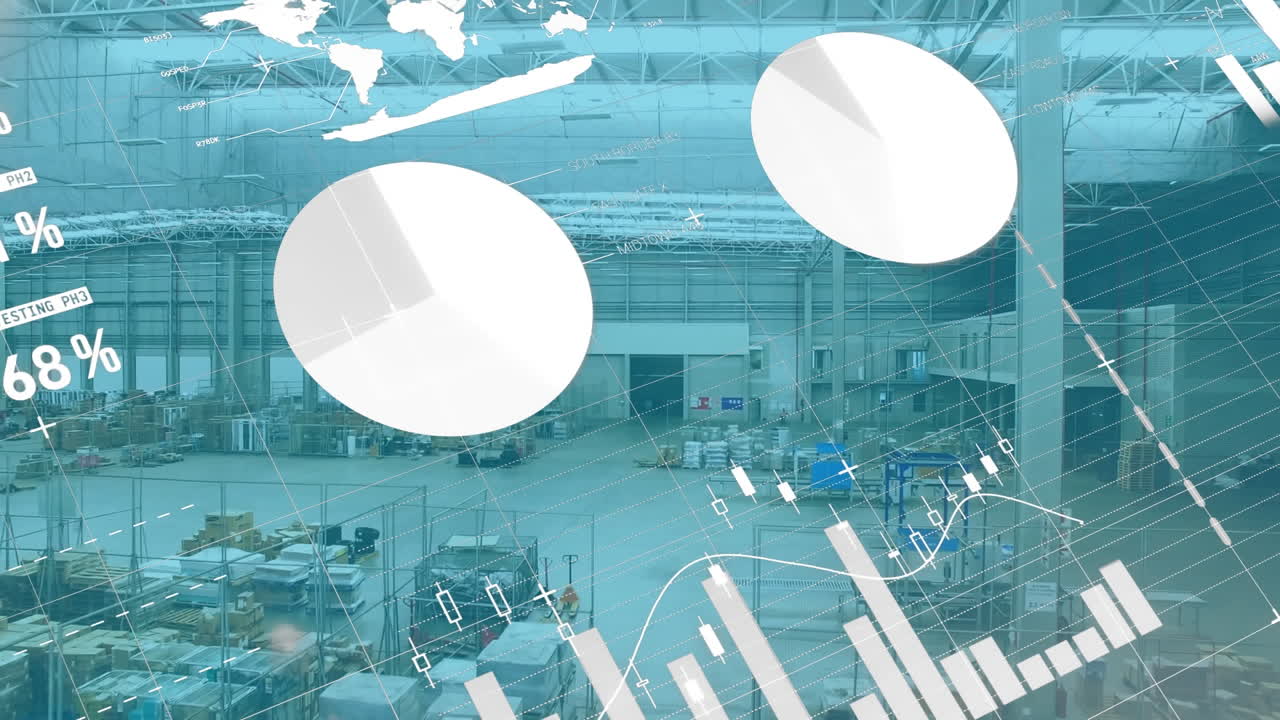 animación del procesamiento de datos estadísticos frente a una vista aérea de un almacén