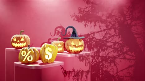 Halloween-themed-display-with-carved-pumpkins-on-platforms,-one-with-a-witch-hat-and-others-with-percentage-and-dollar-signs,-shadows-of-branches-on-a-red-background