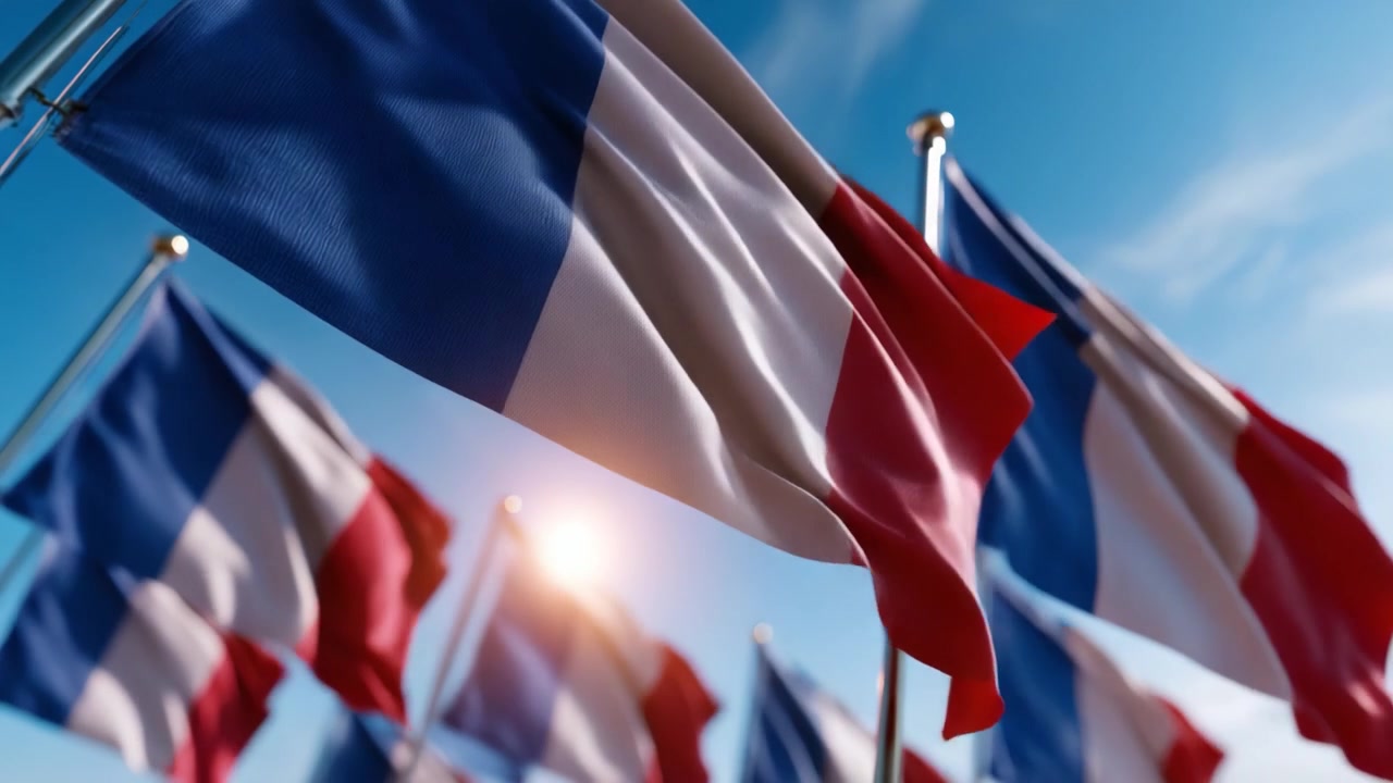 A Vibrant Display of Flags Under a Clear Sky, Showcasing the Colors and Textures of the French Tricolor in Motion and Sunlight