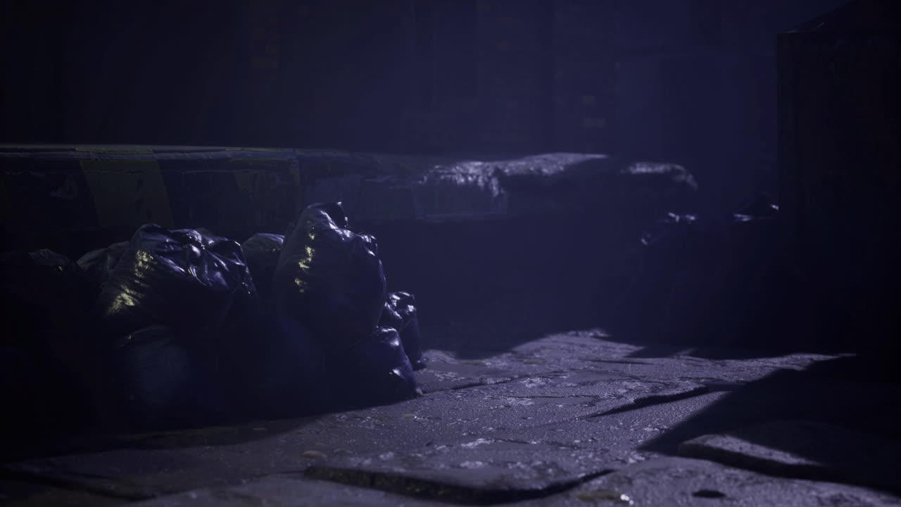 Dark alley filled with trash bags and dim lighting at night