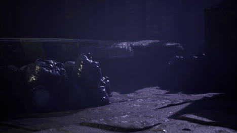 dark alley filled with trash bags and dim lighting at night