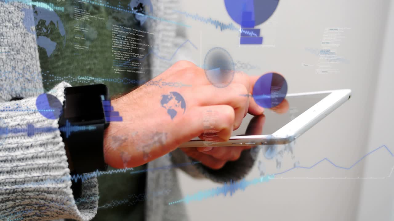 Man tapping and swiping tablet, activating blue data overlays for tech dashboard analysis