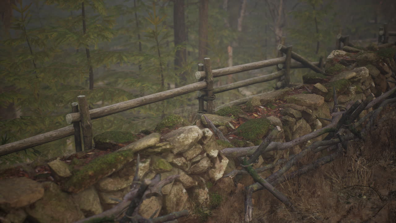 그 뒤 에 시골 들판 이 있는  ⁇ 은 나무 울타리