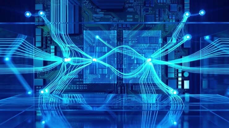 Digital Data Flow and Neural Network Connections on Circuit Board