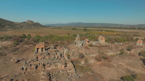 aerial fly close to ancient ruins in ephesus turkey, historic travel landscape