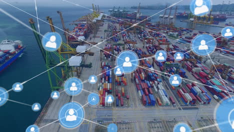 animation of network of connections with icons over shipping yard