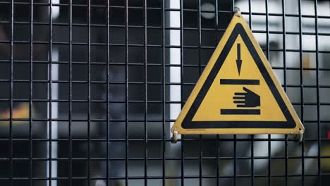 factory machine danger sign with hand icon on grid conveyor mechanism background