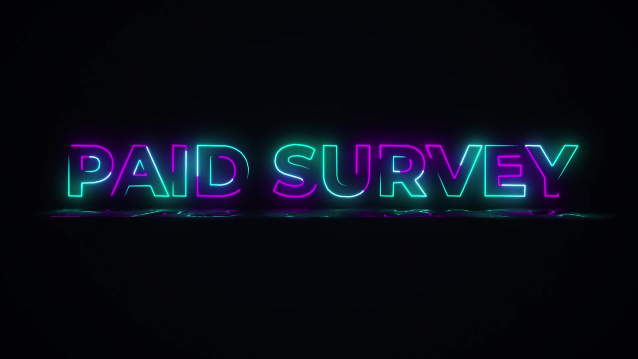 Flashing PAID SURVEY electric green and pink neon Sign flashing on and off with flicker, reflection