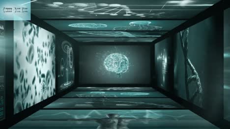 Animation-of-scientific-and-biological-data-on-tunnel-made-of-screens-over-black-background