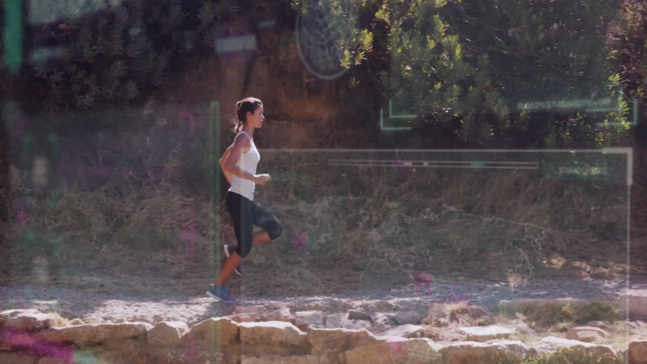 Jogging on rocky trail, woman with digital data animation overlay outdoors
