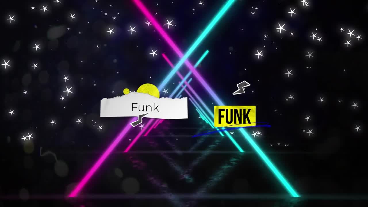 animación de texto funk sobre formas en fondo negro.