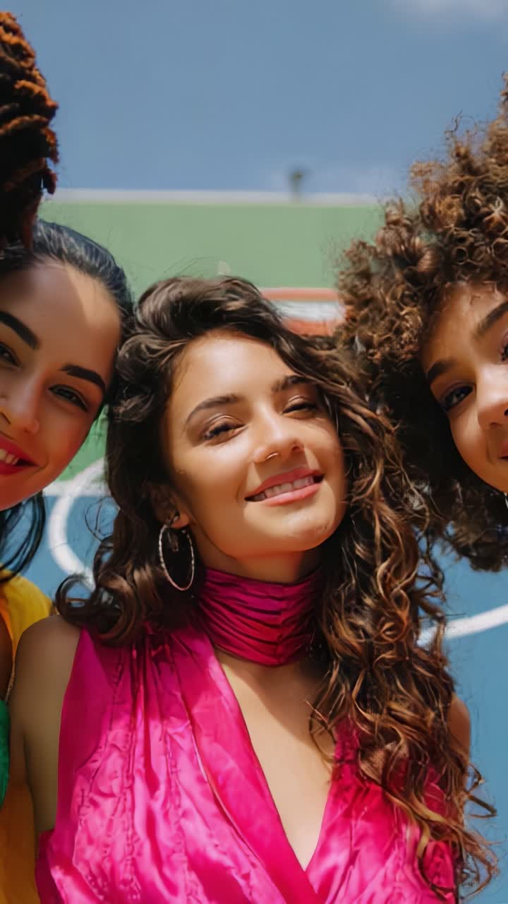 Alegre amistad y moda vibrante: una celebración colorida de la unión capturada en un entorno alegre al aire libre con jóvenes sonrientes