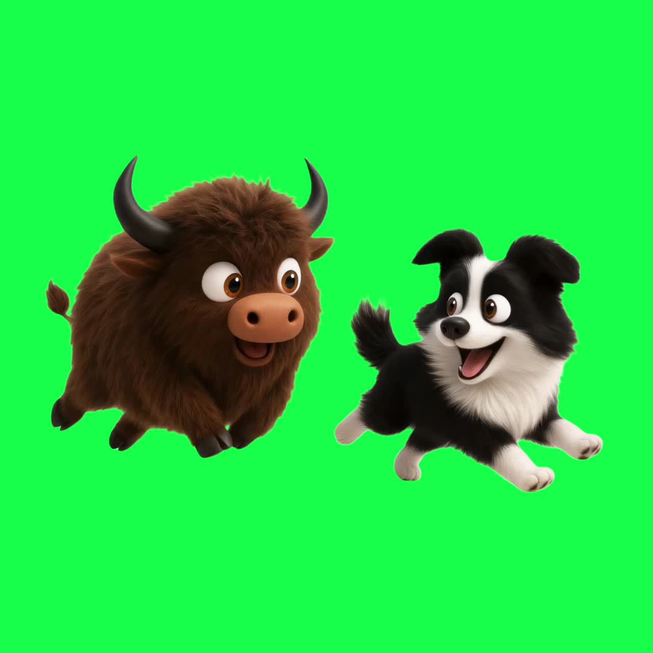 Animated animals playful friendship scene animation, transparent 4K video, green screen