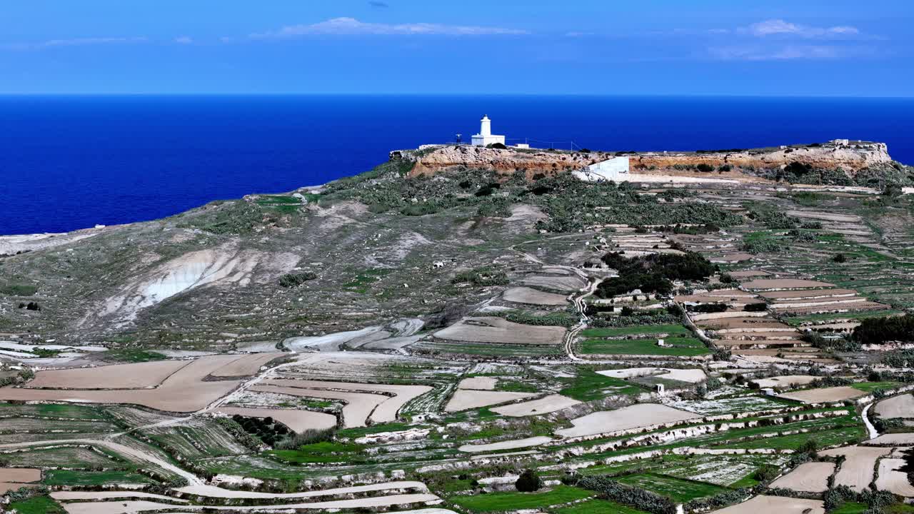 historic white Ta' Ġurdan Lighthouse perched on a rugged plateau, overlooking the lush green terraced agricultural fields and deep blue Mediterranean Sea in Gozo, Malta