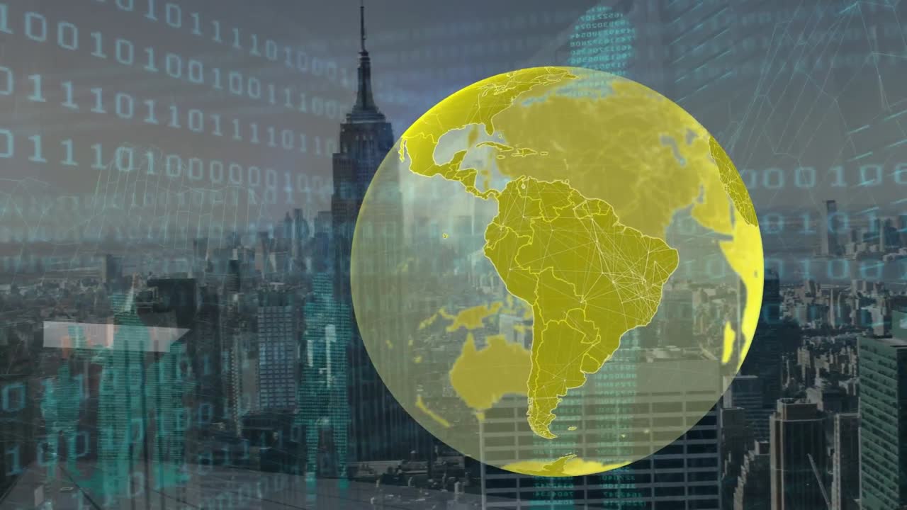 Animação de globo sobre processamento de dados e paisagem urbana
