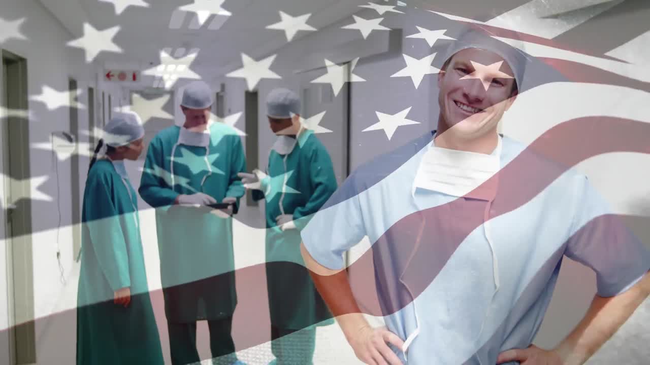 animación de la bandera de los estados unidos ondeando sobre los cirujanos en el quirófano