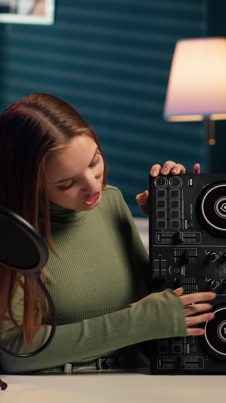 Young Woman Reviewing DJ Mixer Controller in Home Studio