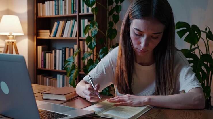 Una donna concentrata studia a una scrivania con un laptop e libri. L'angolazione laterale cattura un'atmosfera accogliente e accademica.