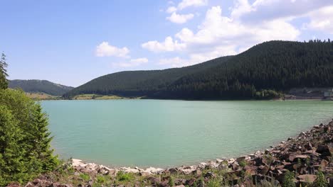 Fishing-Lake-At-Frumoasa-Dam,-Natural-Attraction-In-Harghita,-Romania