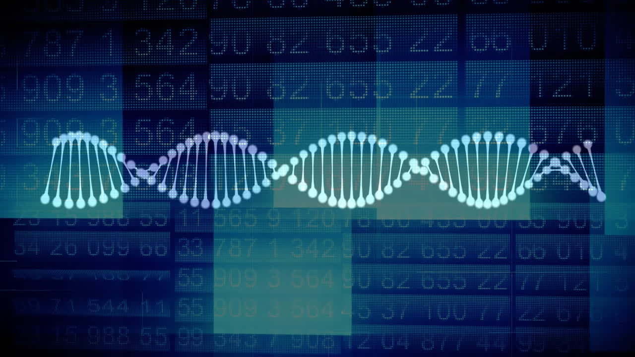 animación del procesamiento de datos financieros sobre la cadena de adn en fondo negro