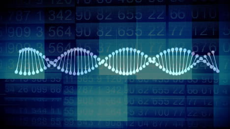 animation of financial data processing over dna strand on black background