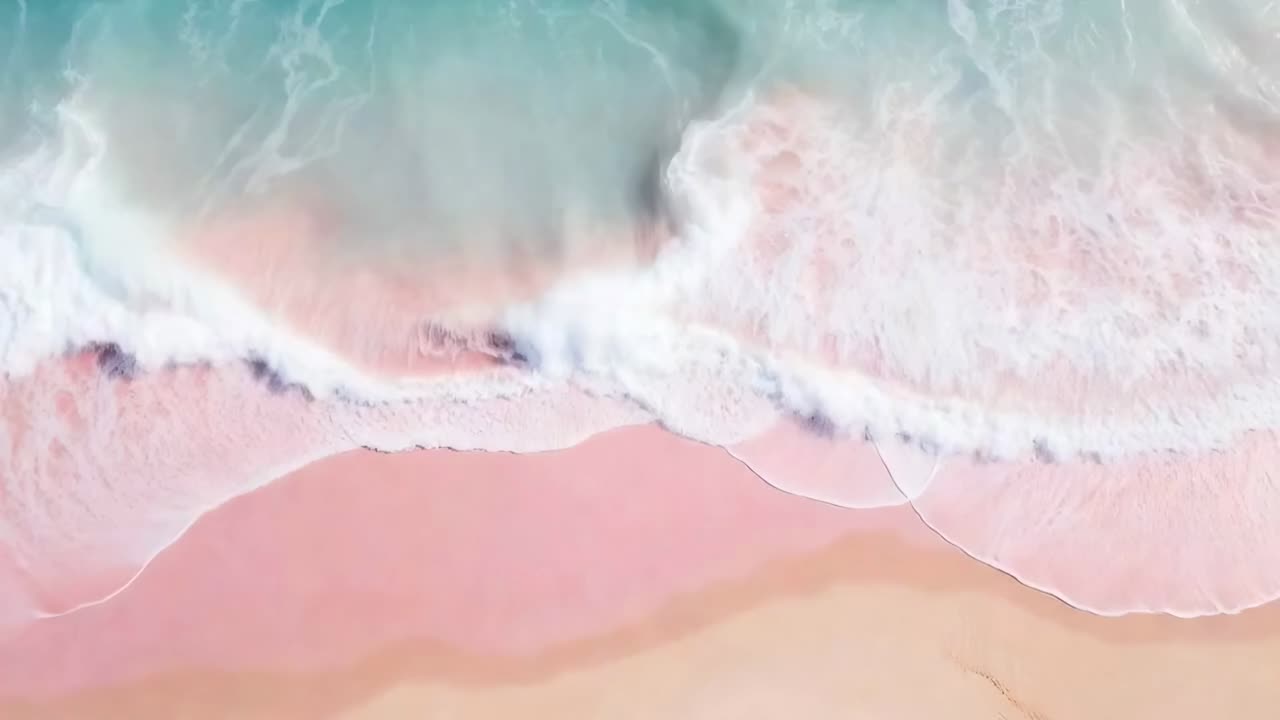 Aerial video captures waves gently lapping a pink sandy beach, blending turquoise and white hues