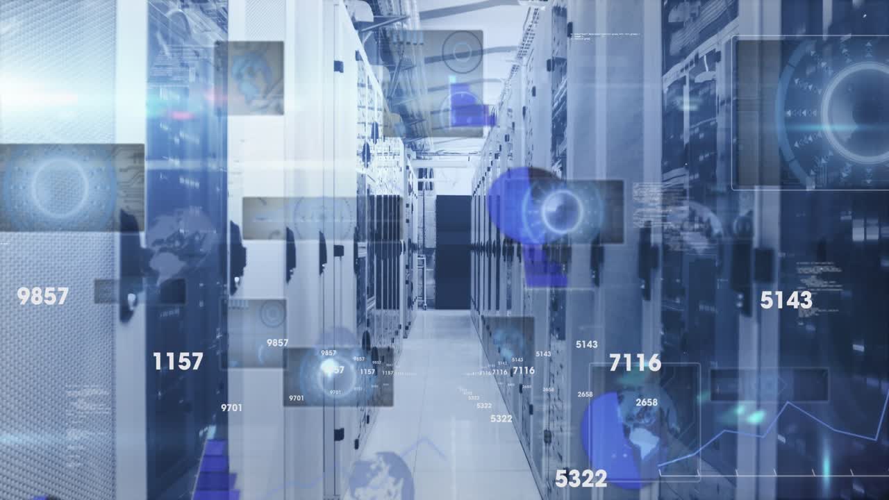 Animation of changing numbers, round scanners and data processing against server room