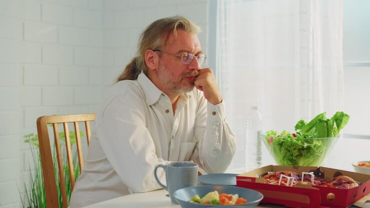 Uomo seduto a tavola con aria triste mentre mangia