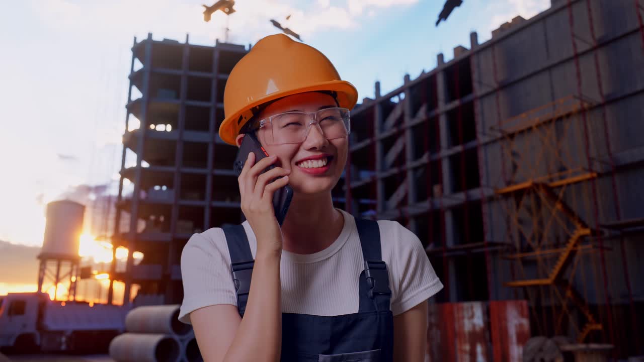 Close Up Of Asian Woman Worker Wearing Goggles And Safety Helmet Talking On Smartphone And Looking Around While Standing At Construction Site
