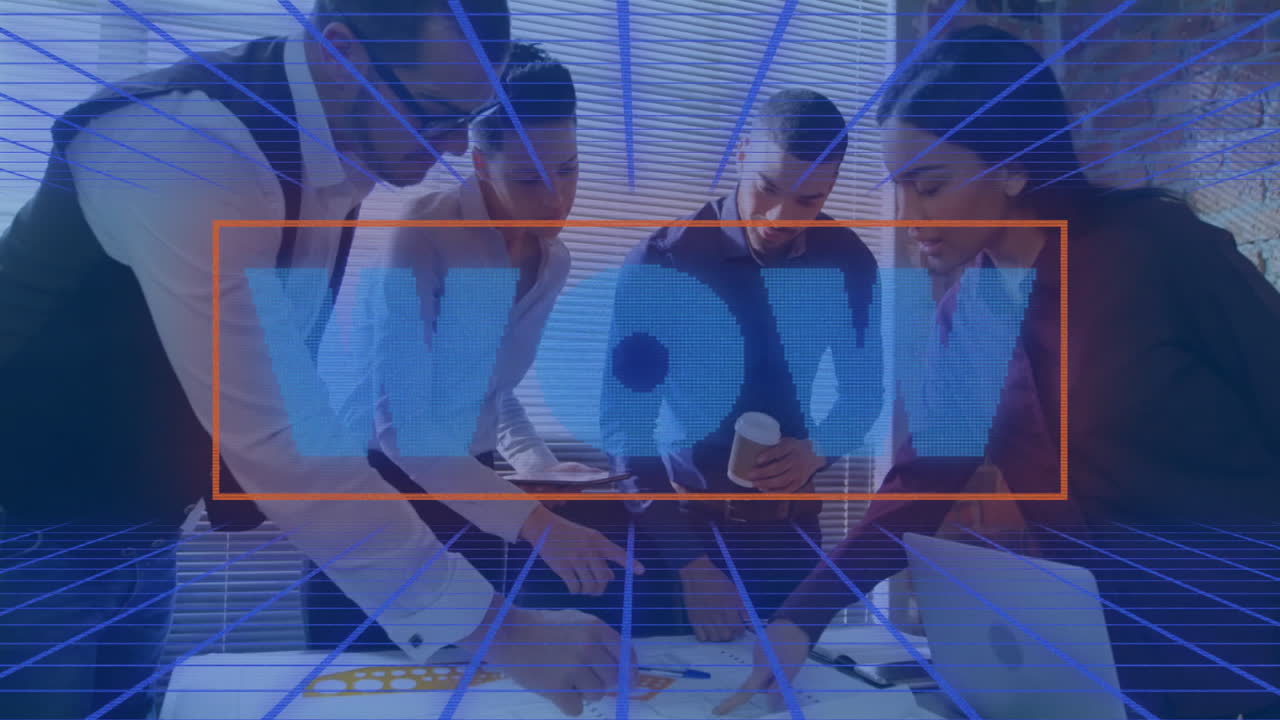 Business team leaning over table, reviewing blueprints with laptop, hologram 3D grid showing WOW