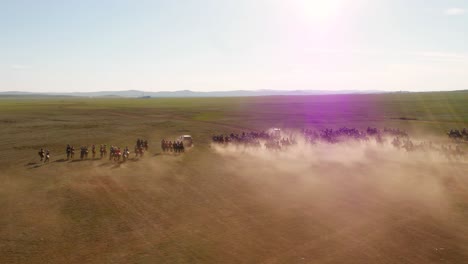 horseback riders training for a race in mongolia called naadaam